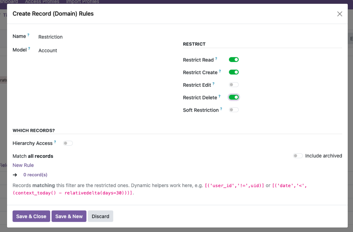 Record rules — domain, hierarchy and company restrictions