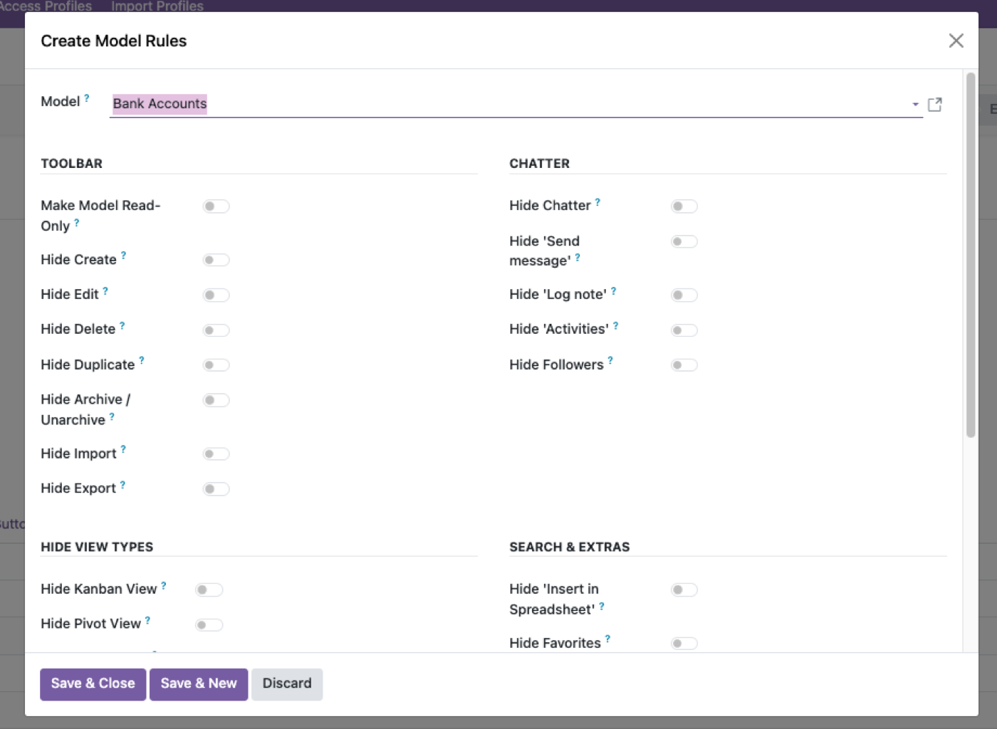 Model Permissions — Export is its own switch, separate from read access