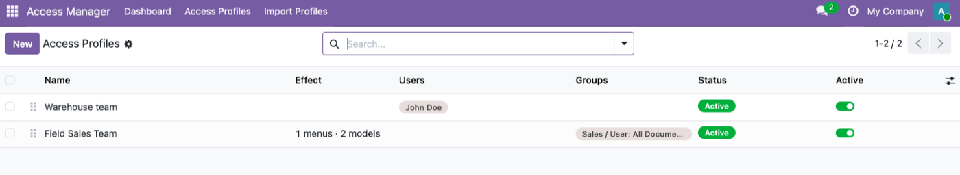 Access Profiles list — reusable permission sets that auto-enrol matching users