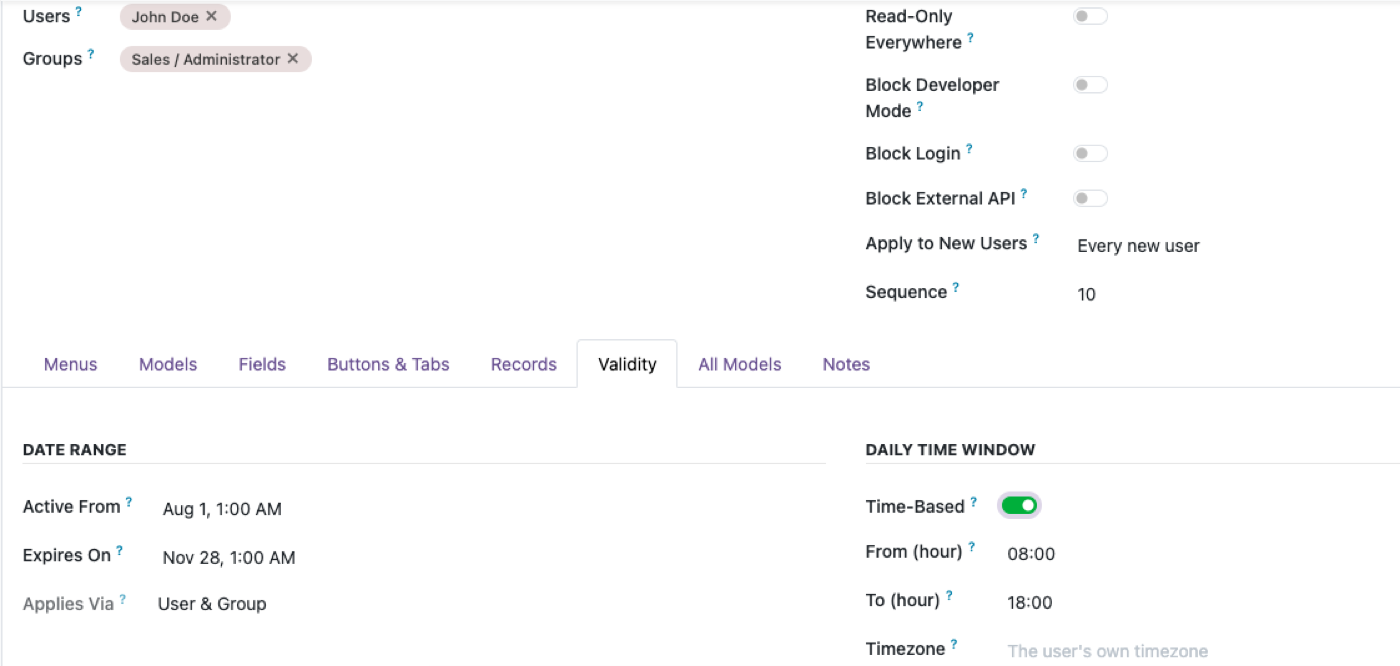 User and session controls — read-only, API block, login, developer mode
