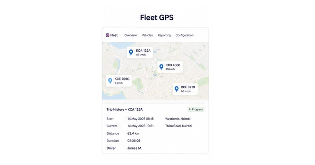 Fleet GPS map of live vehicles with speeds and trip history for KCA 123A in Nairobi