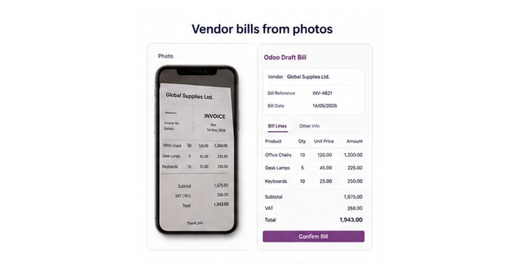 Vendor bill photographed on a phone and captured as an Odoo draft bill with vendor, lines, VAT and total