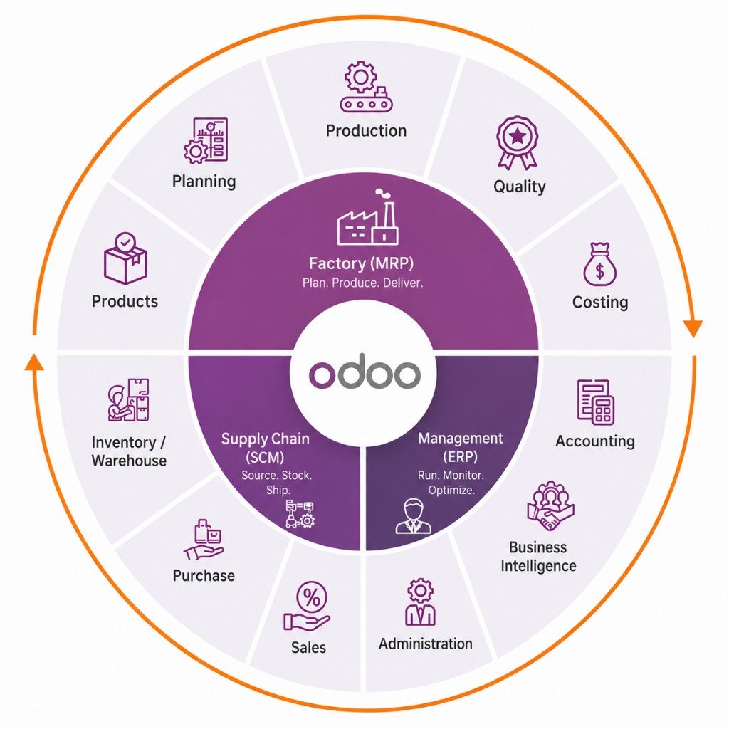 Odoo manufacturing map showing factory MRP, supply chain and ERP modules including production, quality, inventory and accounting