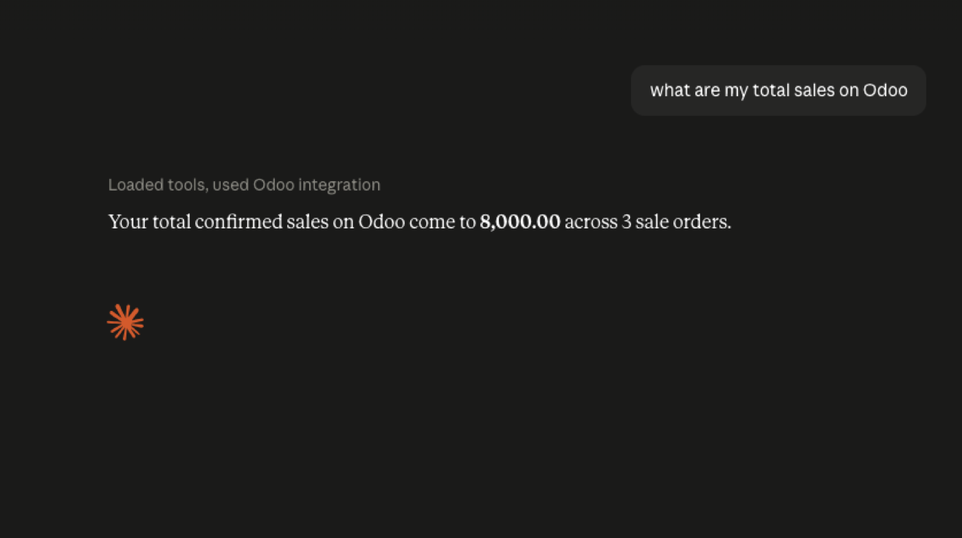 Claude answering a total-sales question from live Odoo data