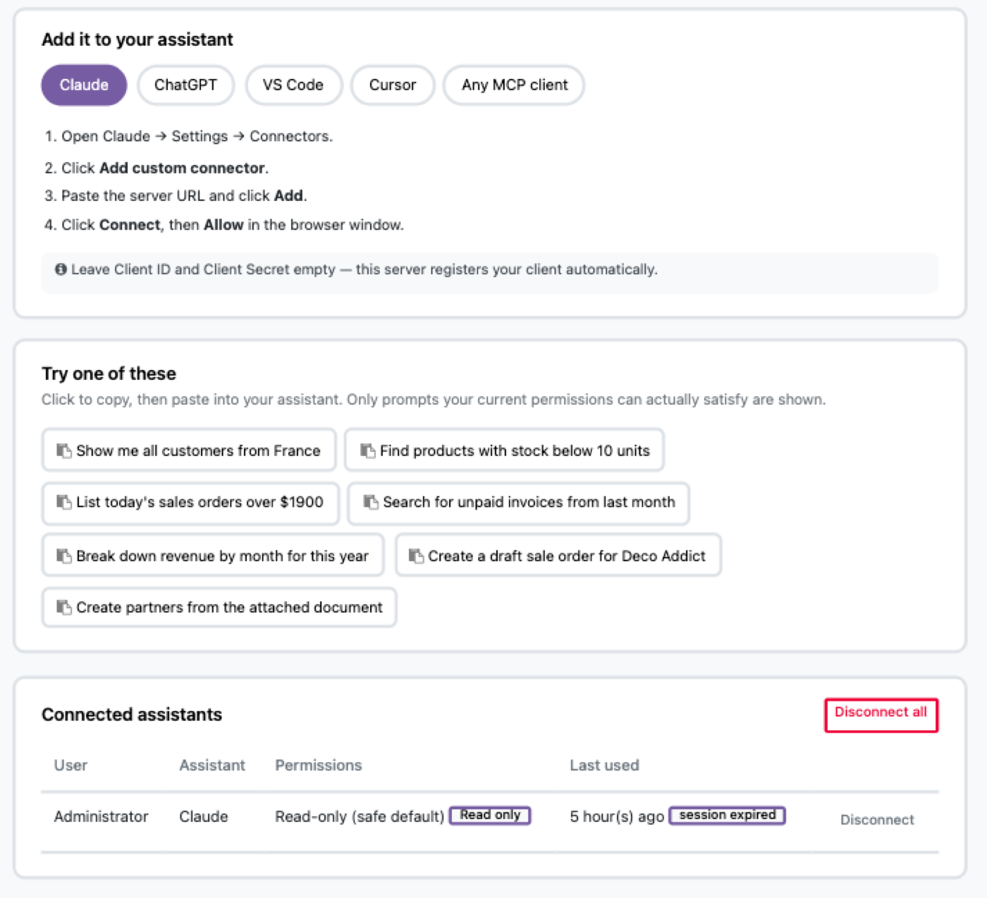 Connect your assistant — pick a client, paste the URL, try a prompt