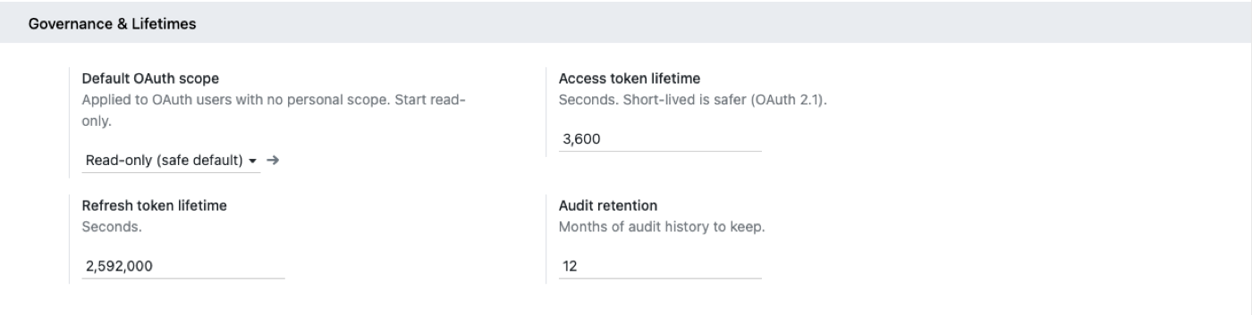 Governance and token lifetimes settings