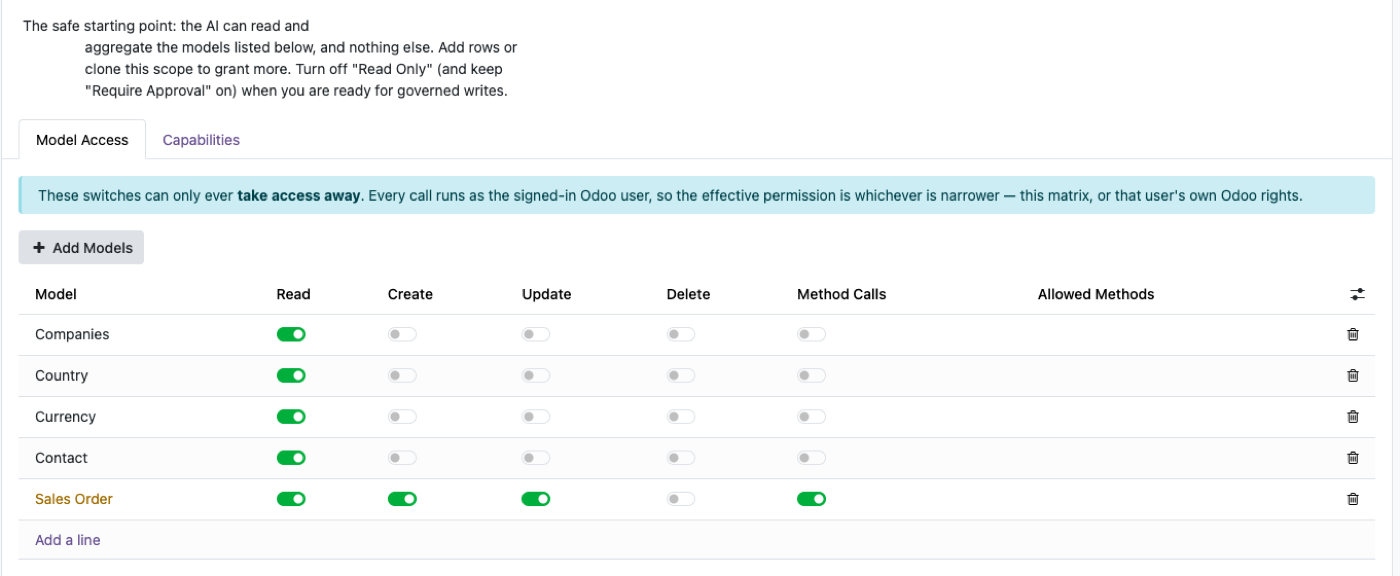 Model access matrix — read, create, update, delete, method calls