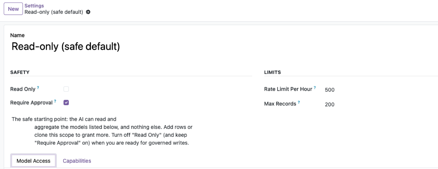 Read-only safe default scope, with approval and rate limits