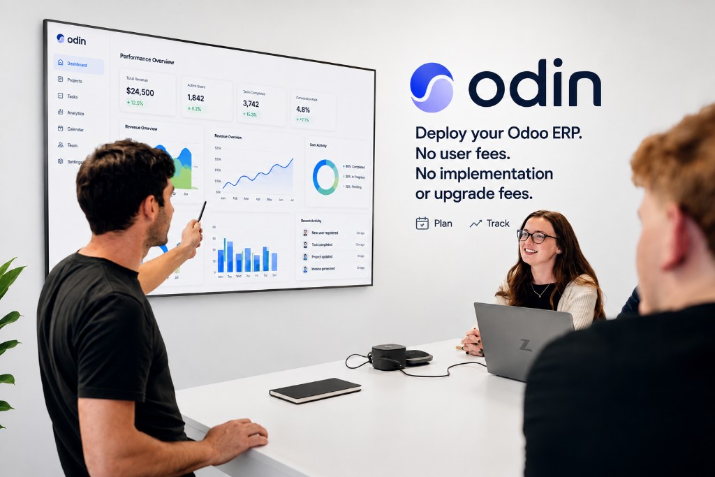 Two people reviewing an Odoo performance dashboard on a wall display during an implementation session
