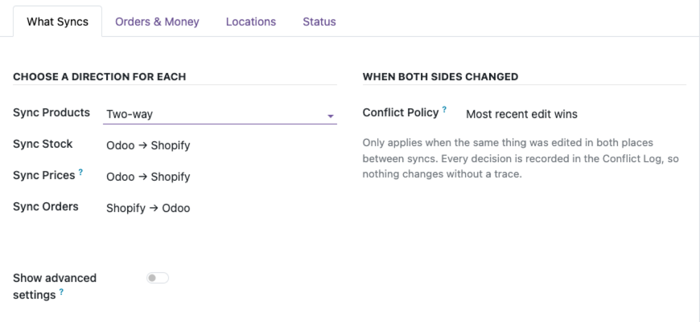 Choose a sync direction and conflict policy per entity